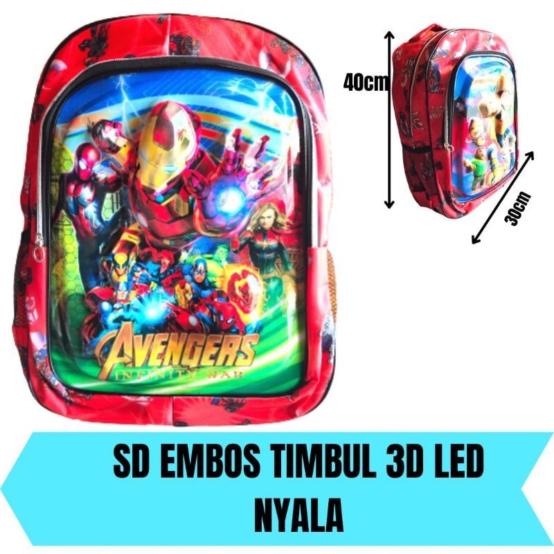 Tas Ransel Sekolah Anak Laki laki SD Karakter Embos Timbul 3D LED Nyala Waterproof Anti Air