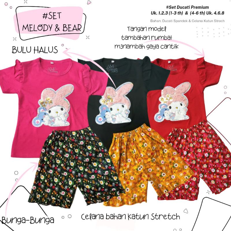 Setelan Anak Perempuan Size 1-5 tahun MELODY&amp;BEAR bahan Ducati Katun Spandek Premium