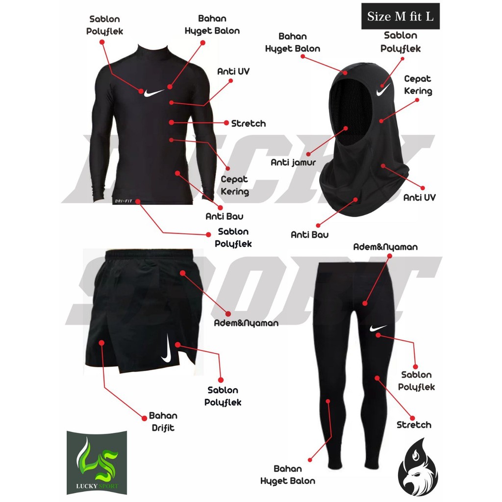 PROMO!! PAKET Baselayer Baju Legging Celana Lari Drifit Pendek Saku dan Kerudung Gym Fitness Renang