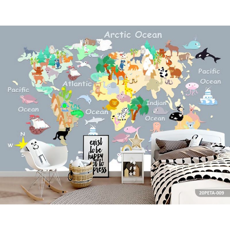 Wallpaper Dinding 3D Custom Peta Dunia Fauna (20-PETA-009)
