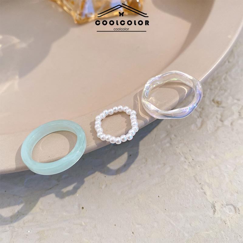 Murah❤️3 Pcs/Set Cincin Resin Korea Sederhana Ring Mutiara Wanita Anti Karat Dan Anti Luntur Set Untuk Hadiah Ulang Tahun Aksesoris Fashion COD