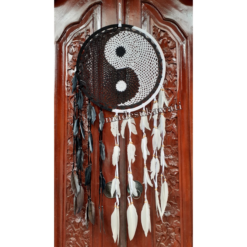 Dream catcher yin yang sulam jaring benang dekorasi hiasan gantungan bulu ayam