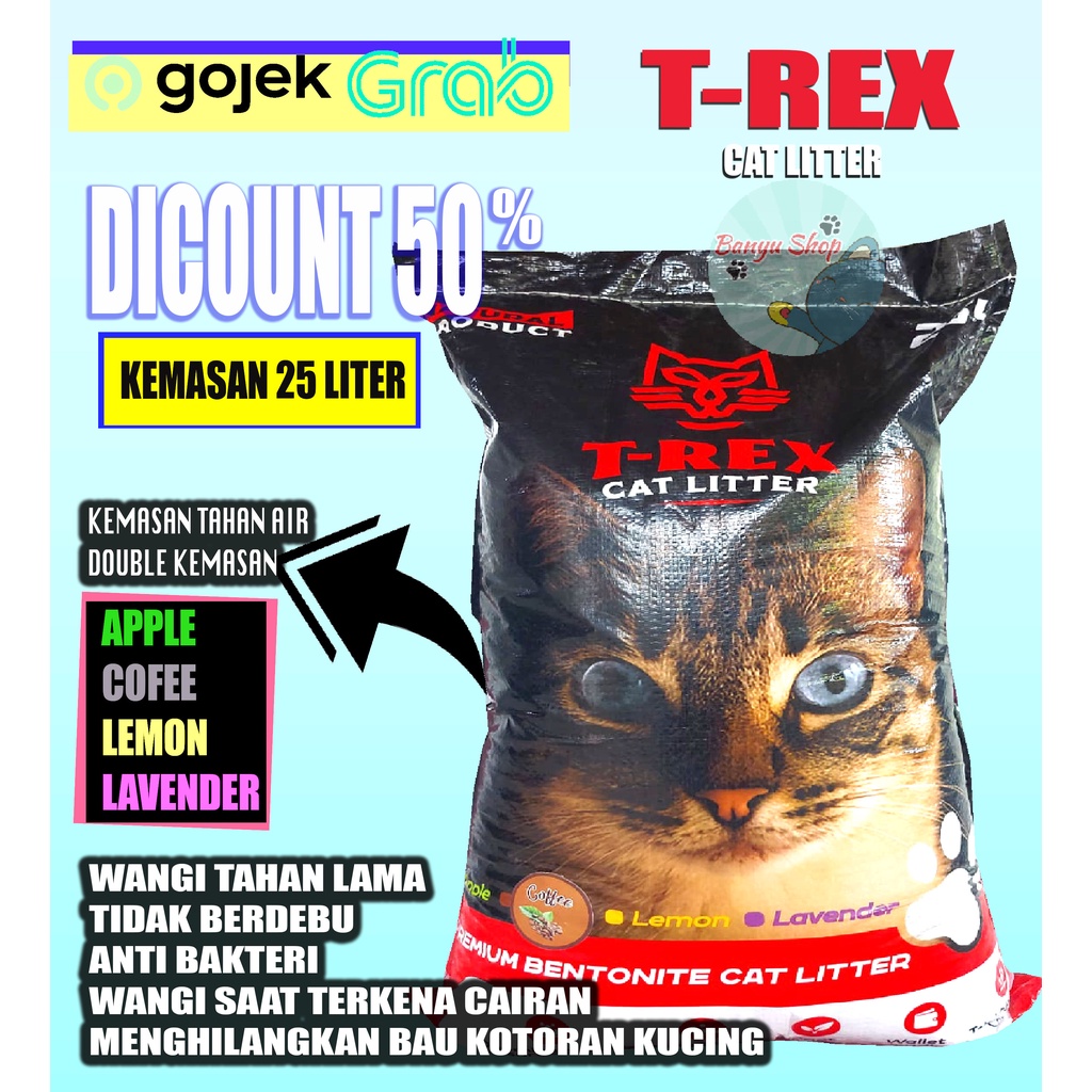 25 LITER-PASIR GUMPAL WANGI T-REX-PASIR KUCING-OBAT-VITAMIN-