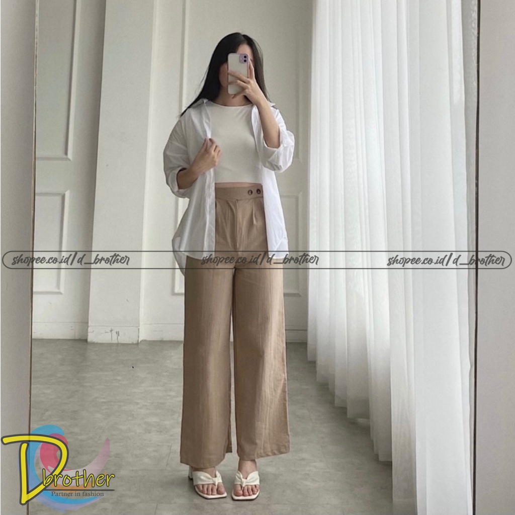 Celana Linen Highwaist VENYTA SIDE LINEN - Celana Linen Kancing 2 Samping