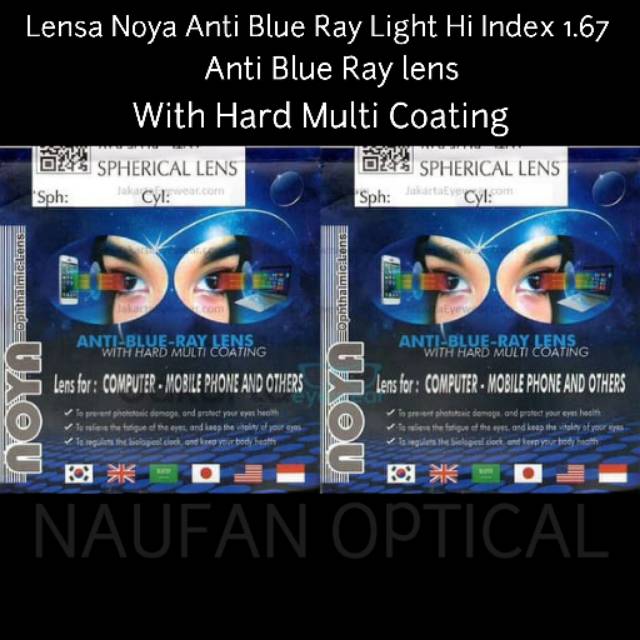 Lensa NOYA ANTI BLUE RAY LIGHT HI INDEX 1.67 tipis ( max min -12 cly -2 )