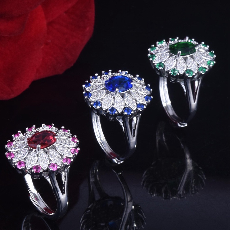 Fancyqube Cincin Model Terbuka Bentuk Bunga Oval Bahan Cubic Zirconia Biru Gaya Vintage Untuk Wanita