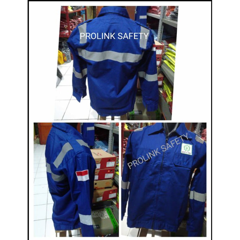 SERAGAM SAFETY BAHAN CATON TEBAL ADEM PREMIUM BIRU BENHUR RESLETING FREE LOGO K3 SCOTLIGHT 5CM