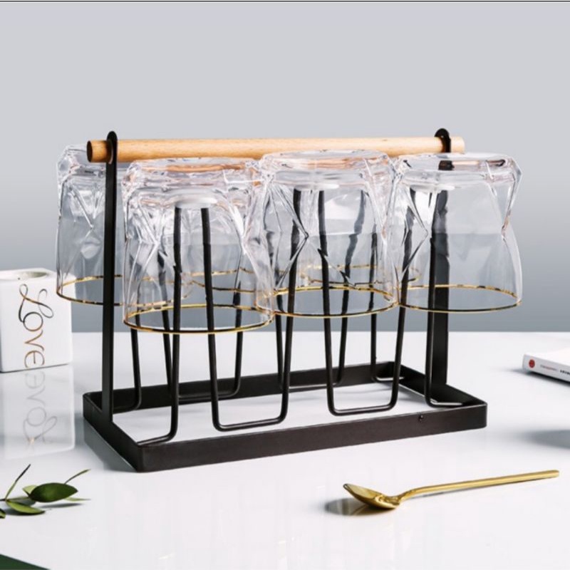 Holder Cup 6 Slot Besi Kayu Rak Gelas Cangkir Meja Makan Tempat Tirisan Gelas Rak Dapur Piring Gantu