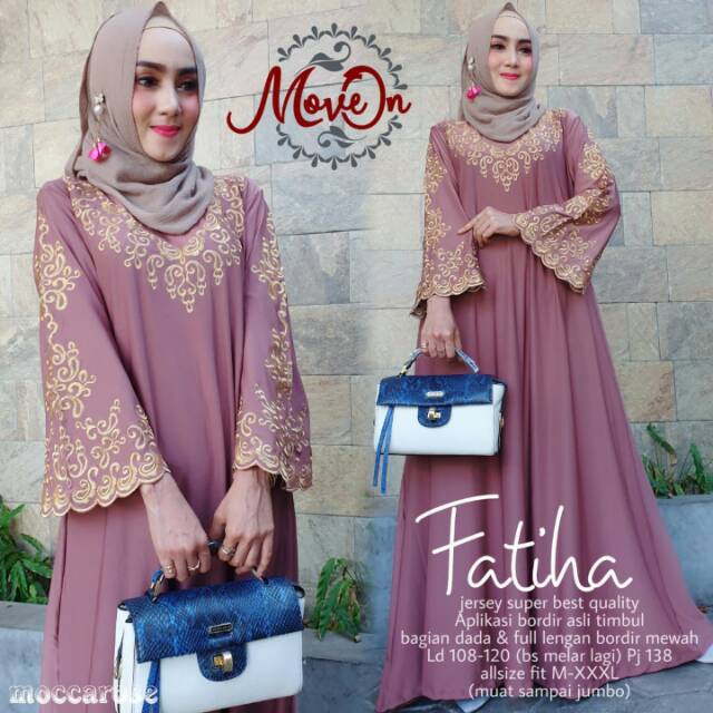 BAJU MUSLIM FATIHA ABAYA ORI MOVEON JUMBO BAHAN JERSEY ADEM JATUH BORDIR ASLI