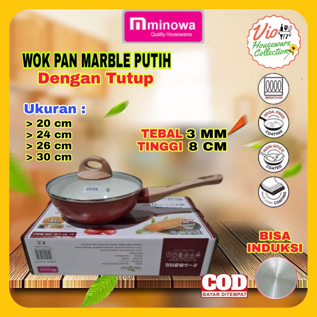 Minowa Deep Wok Pan Marble + Tutup 20 - 30 Cm Wajan Penggorengan Teflon Keramik Anti Lengket Tanpa M