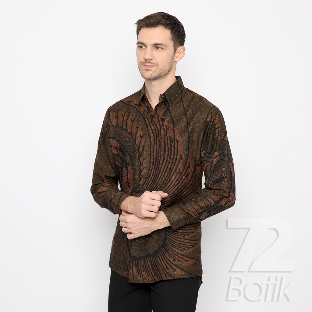 KEMEJA BATIK PRIA LENGAN PANJANG Kemeja Dobby Slimfit Motif Tentaken Warna Hijau Alam Coklat 722556 Cap 72 Baju Kemeja Atasan Pakaian Setelan Batik Pria Cowok Laki Laki Remaja Keluarga Kantor Lengan Panjang Modern Slimfit Slim Fit Premium Kekinian