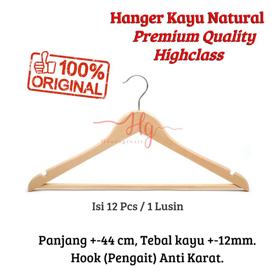 Original Hanger Kayu Premium | Hanger Kayu Palang Natural Dewasa 1 Lusin (isi 12 Pcs)