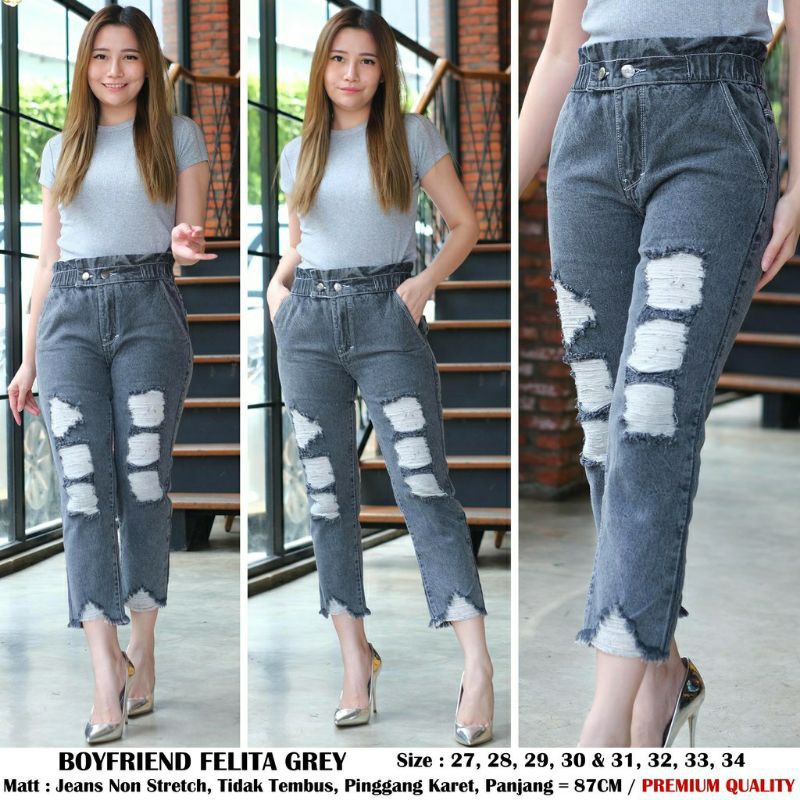 BOYFRIEND FELITA GREY 7/9 PINGGANG KARET CELANA CEWEK RIPPED JEANS