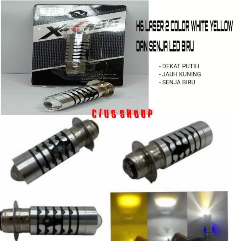 LAMPU LED DEPAN MOTOR H6/H4 LASER HI LOW AC DC 2WARNA PUTIH KUNING + LAMPU SENJA BIRU  UNTUK MOTOR BEBEK