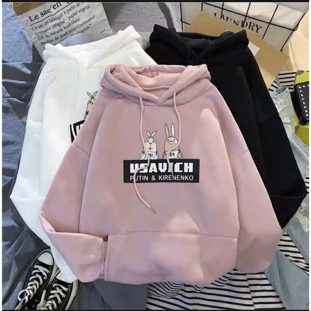 HOODIE JUMPER WANITA USAVIC PUTIH &amp; KIRENENKO - ATASAN LUCU PREMIUM