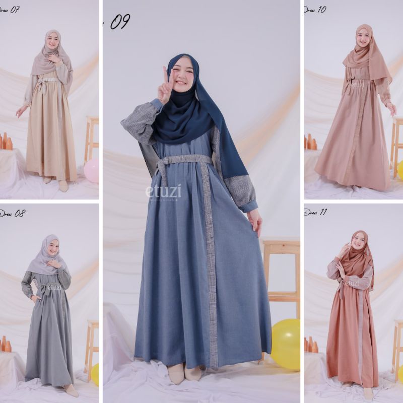 Aecha Dress Gamis Etuzi Katun Supernova Polos Kombinasi Motif Kotak Syari Simple Kekinian