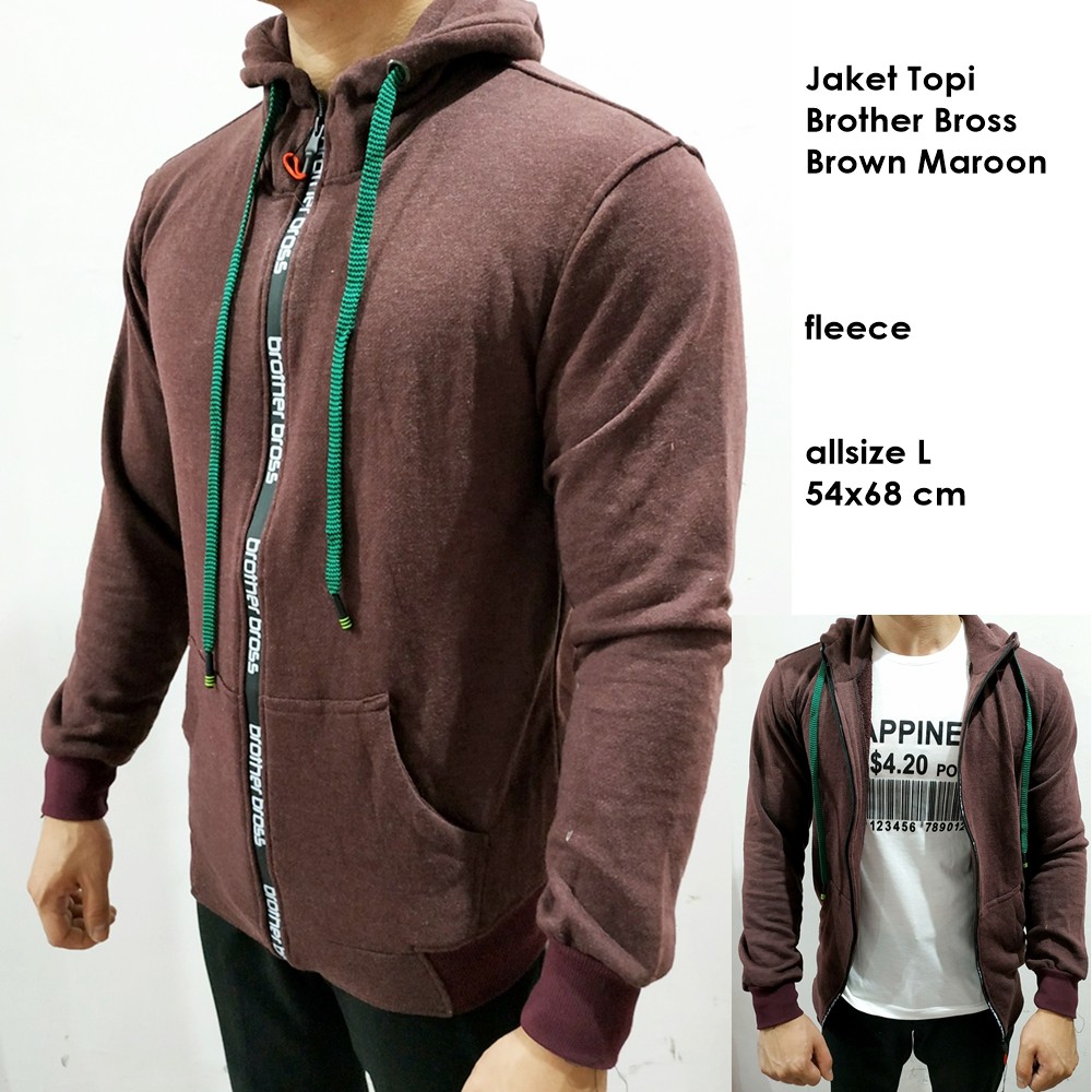 Jaket cowok topi brown maroon brother bross allsize L fleece