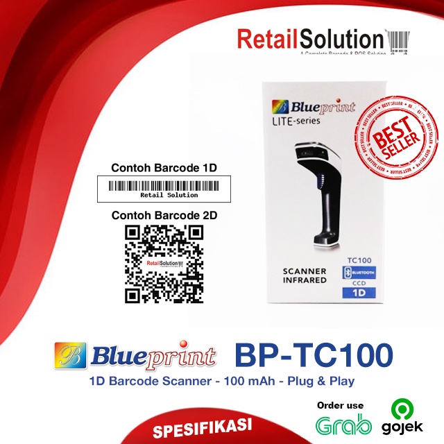 Barcode Scanner 1D Bluetooth Auto Sense CCD - Blueprint TC100 / TC-100