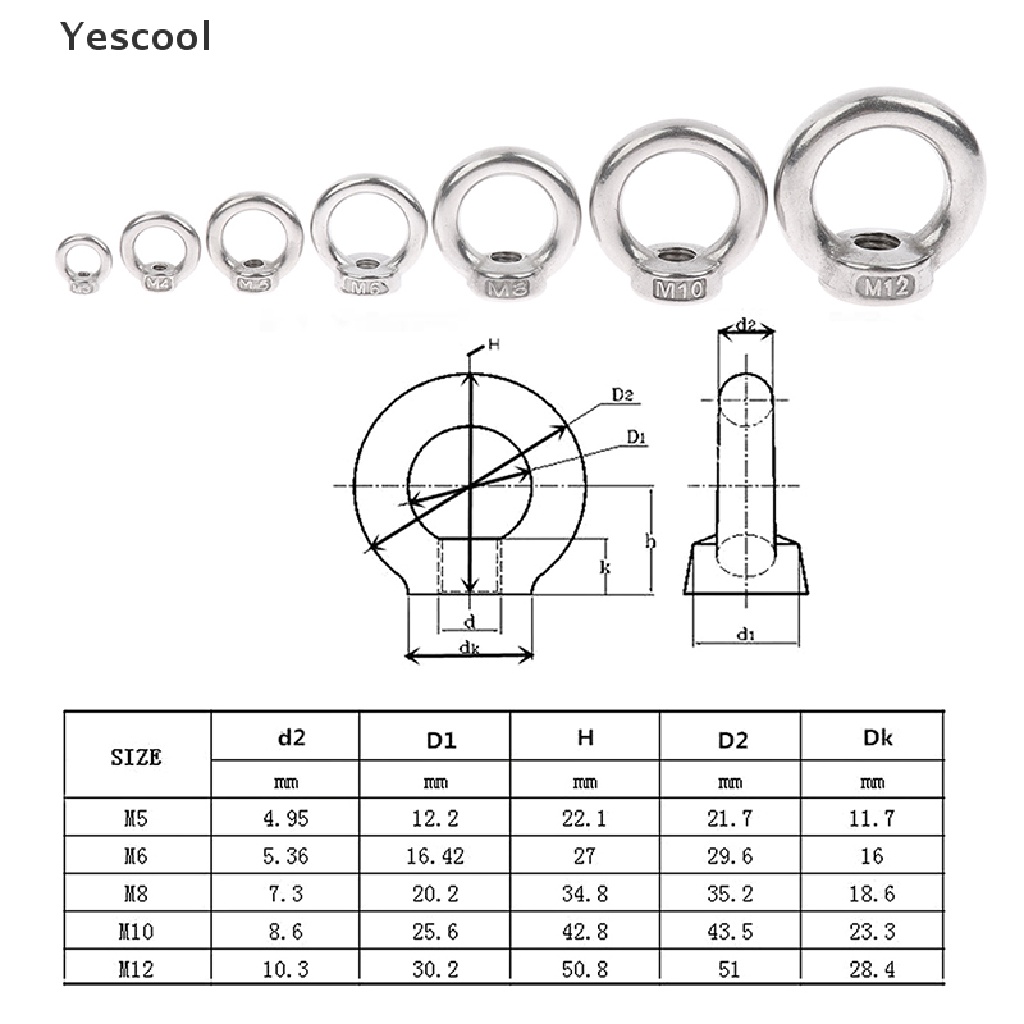 Yescool 2Pcs Sekrup Ring Eyebolt M3 - M12