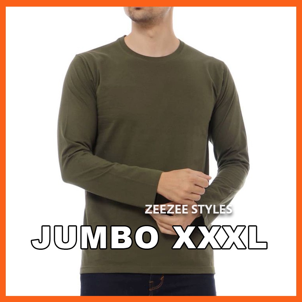 XXXL Baju Kaos Polos Pria Wanita Jumbo Lengan Panjang Katun Combed 30s Distro Original Hijau Army