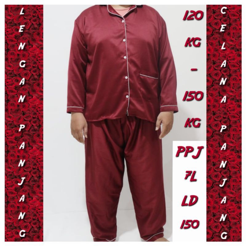 PIYAMA SATIN JUMBO WANITA LENGAN PANJANG STELAN BAJU TIDUR LENGAN LD 130 140 150 SET PIAMA BIG SIZE