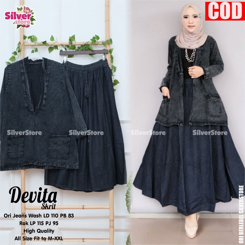 Setelan Outer dan Rok Wanita Terbaru Bahan Jeans Wash Jumbo DEVITA SKIRT