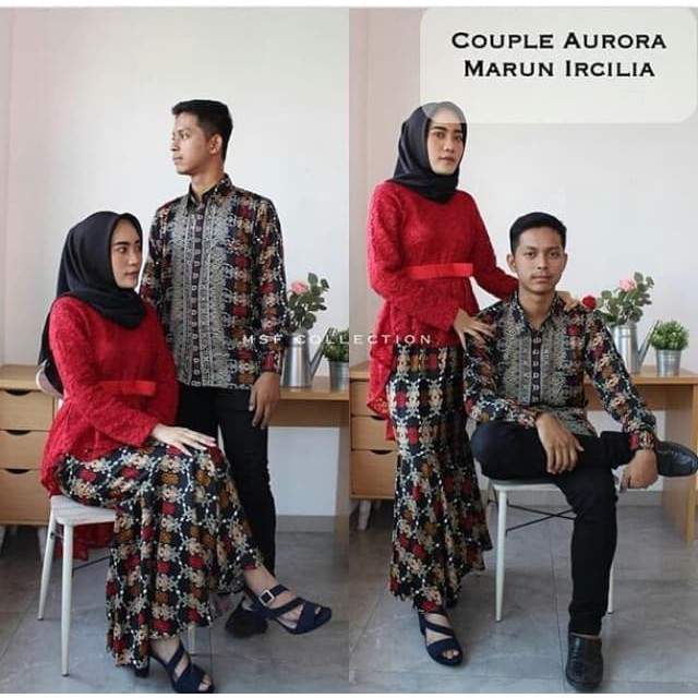 Couple Set Kebaya Brukat Aurora Maroon Hem Panjang Trendy