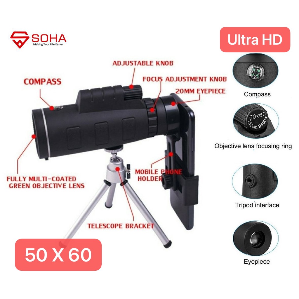 SOHA LNZ-003 Teropong 50x60 HD Monocular Teleskop HP Lensa optik Zoom kamera handphone Universal