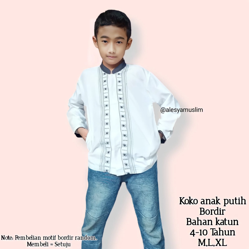 baju koko anak putih bahan katun 4-10 tahun terlaris