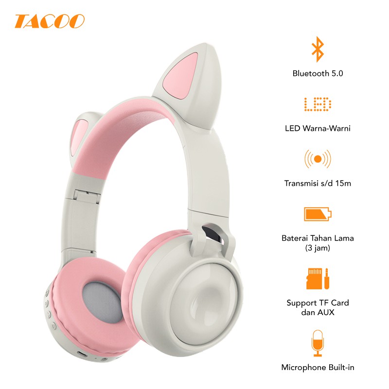 

TACOO TEH0408 Bluetooth Headphone Gaming LED Nirkabel/Wireless Hifi Stereo Bass Ear-Cat Microphone