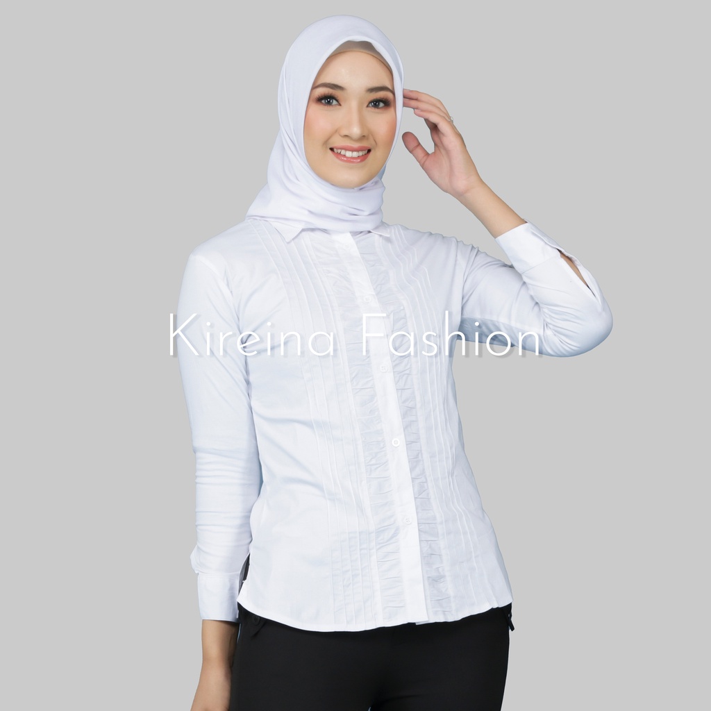 Kemeja Putih Wanita Rempel Panjang Bahan Katun Stretch Melar | Kireina Fashion