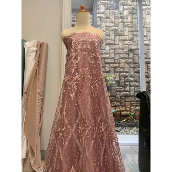 Bahan Kebaya Brokat Tulle Payet Gloria Exclusive Warna Rose Gold