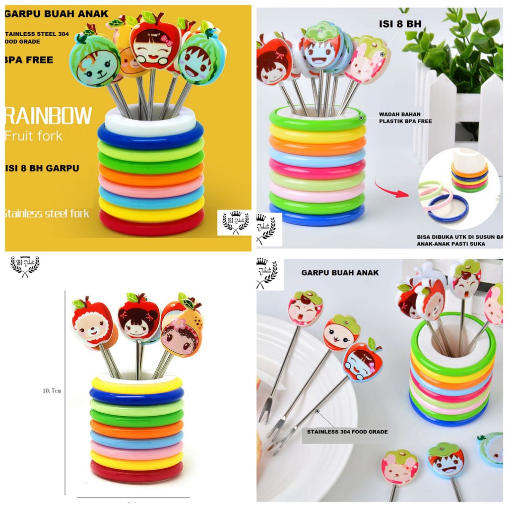 Garpu mini Stainless 304 Tusuk buah dengan Tempat / Garpu buah mini Stainless Steel Karakter kartun