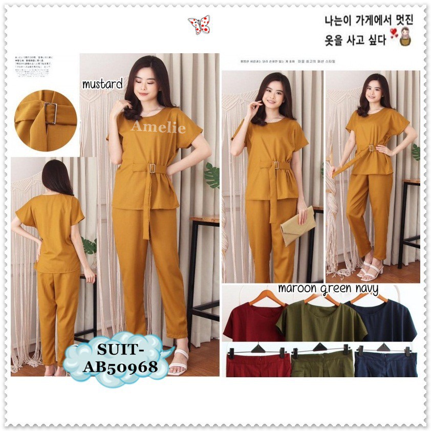 [baju wanita korea]  Setelan Baju Atasan Blouse Celana Panjang Wanita Korea Import