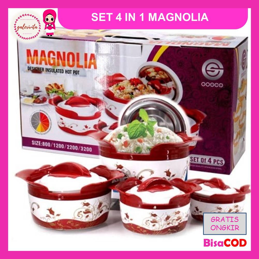 Set Magnolia Isi Empat / Food Warmer Penyimpanan Makanan Magnolia Set Tahan Panas