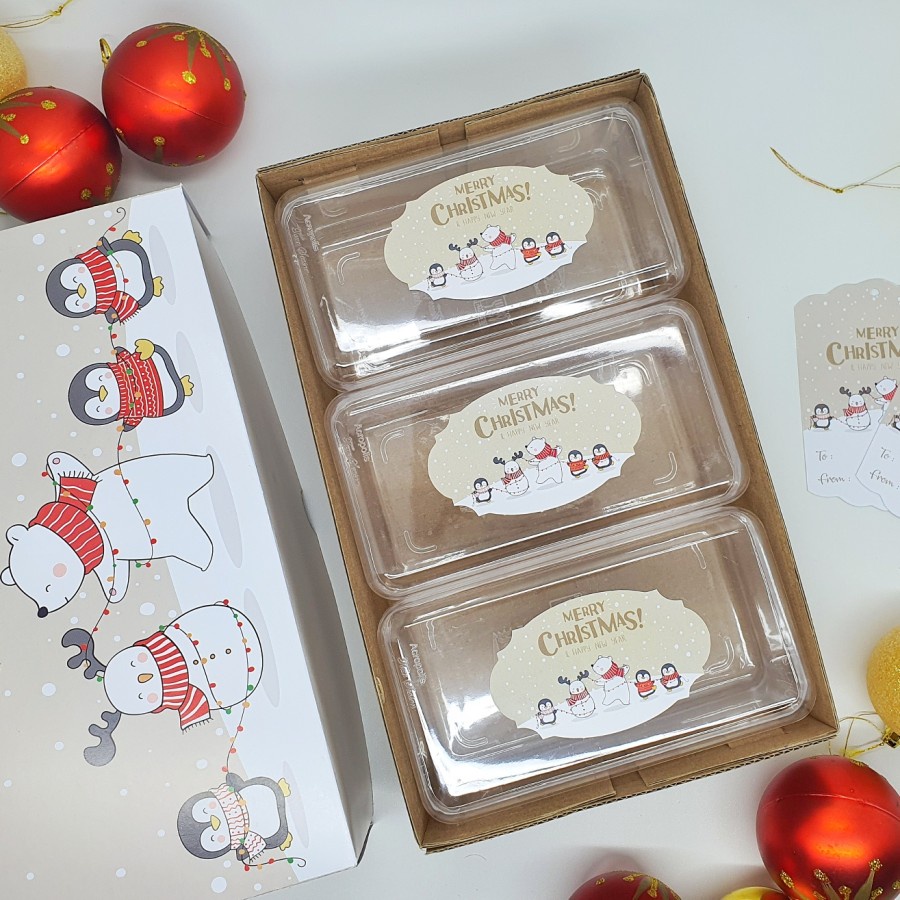 

(5pcs) kardus packaging 3 toples pesegi 350 gr natal dus edisi polar bear kotak hampers natal box merry christmas ukuran 25x15x7 cm