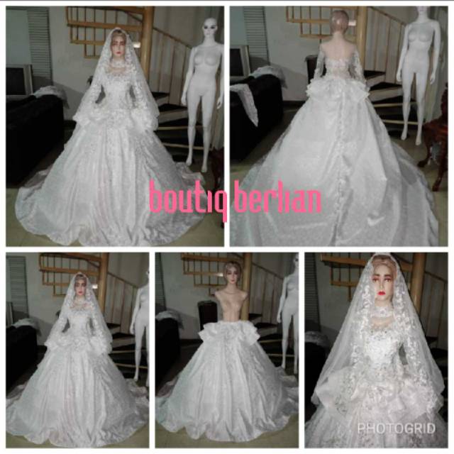 GAUN PENGANTIN JAGUAR PUTIH  ekor + kerudung / gaun pengantin mewah