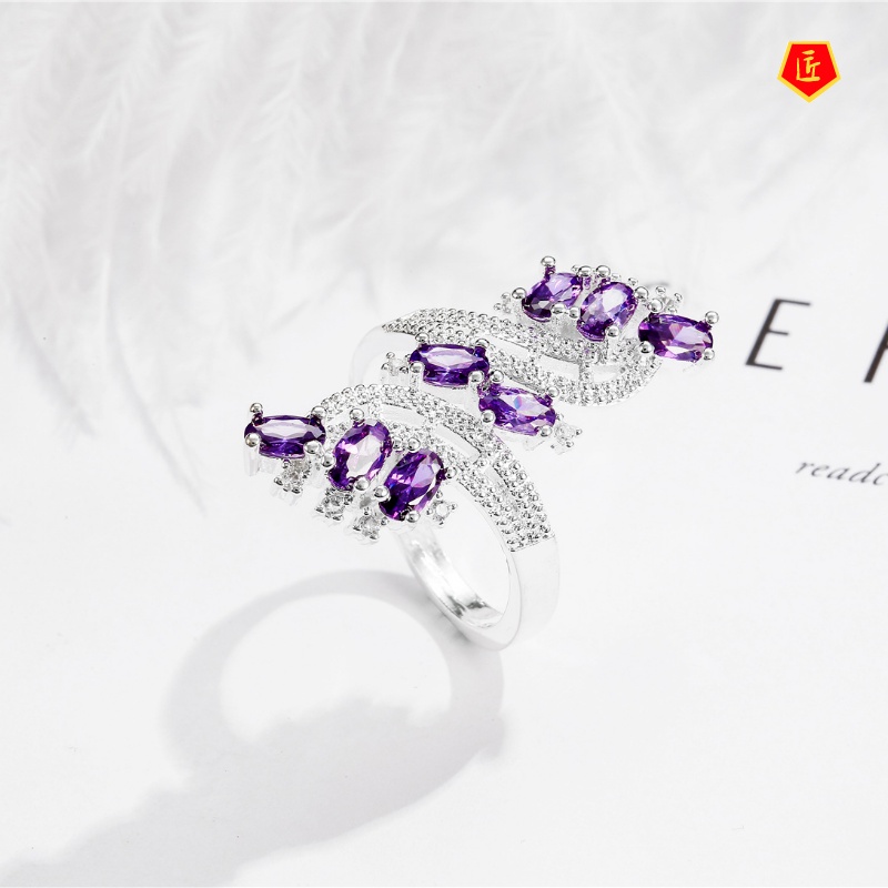 [Ready Stock]925 Silver Red Diamonds Purple Colored Gems Flower Ring