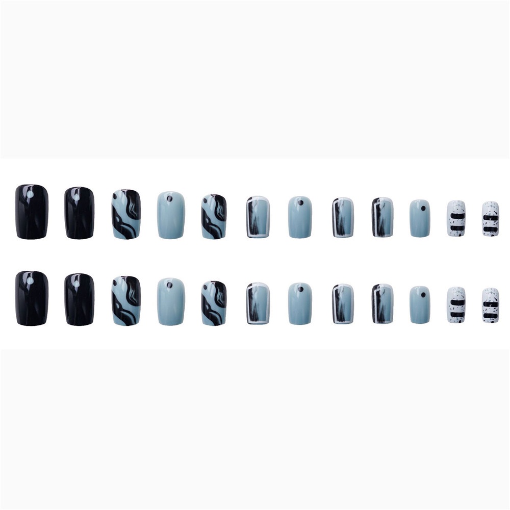 24pcs Kuku Palsu Warna Hitam Putih Hijau Wearable Untuk Dekorasi Nail Art