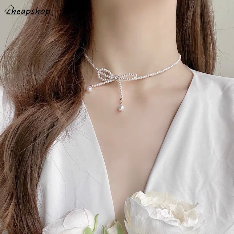 IFYOU Korean Fashion Bowknot Necklace Ladies Pearl Chain Choker Women Jewelry Accessories