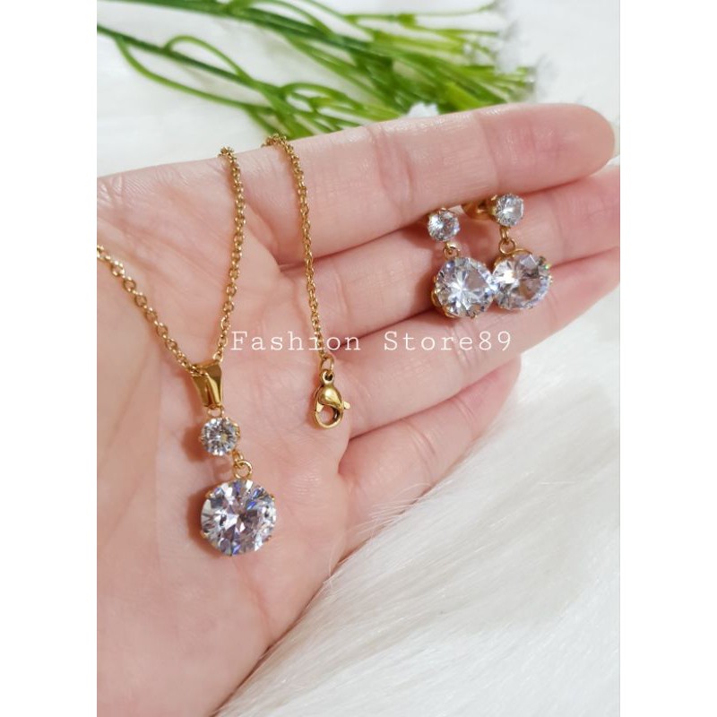 Ready Kalung Set titanium permata zircona titanium set kalung anting gold white import antikarat