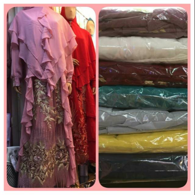 Gamis Syar'i cerruti kombinasi tile bordir 3D timbul set khimar cerruti 2 layer,original by celfa