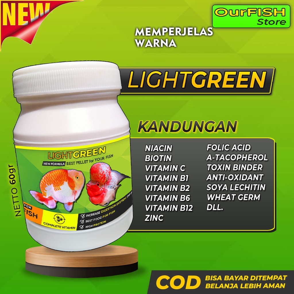 Pelet Spirulina LIGHTGREEN Warna untuk Ikan Louhan Mas Koki Goldfish Ranchu Oranda Ryukin Koi Hias