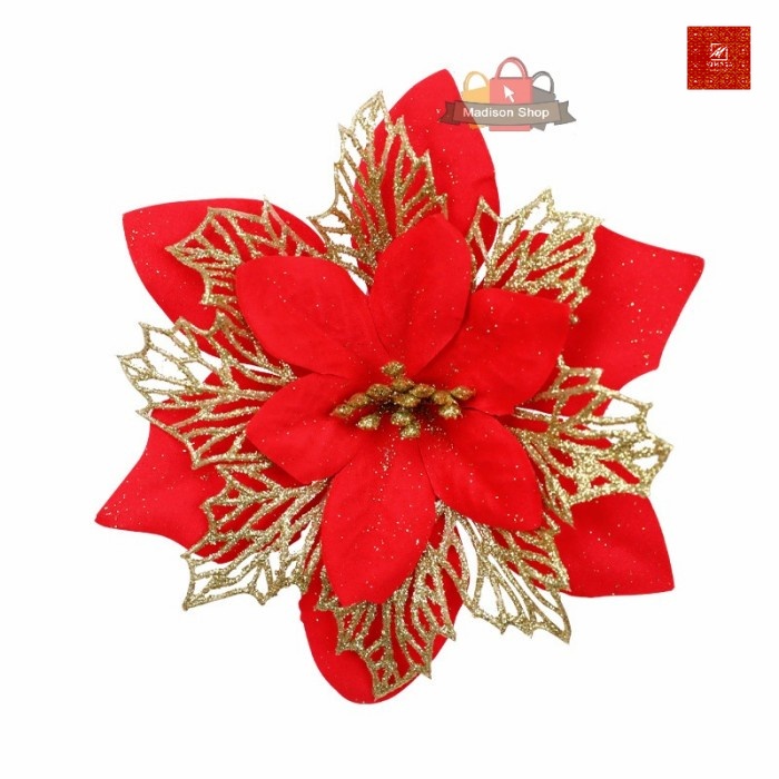 Jual Bunga Natal Merah Kombinasi Emas Hiasan Parcel Dekorasi Pohon