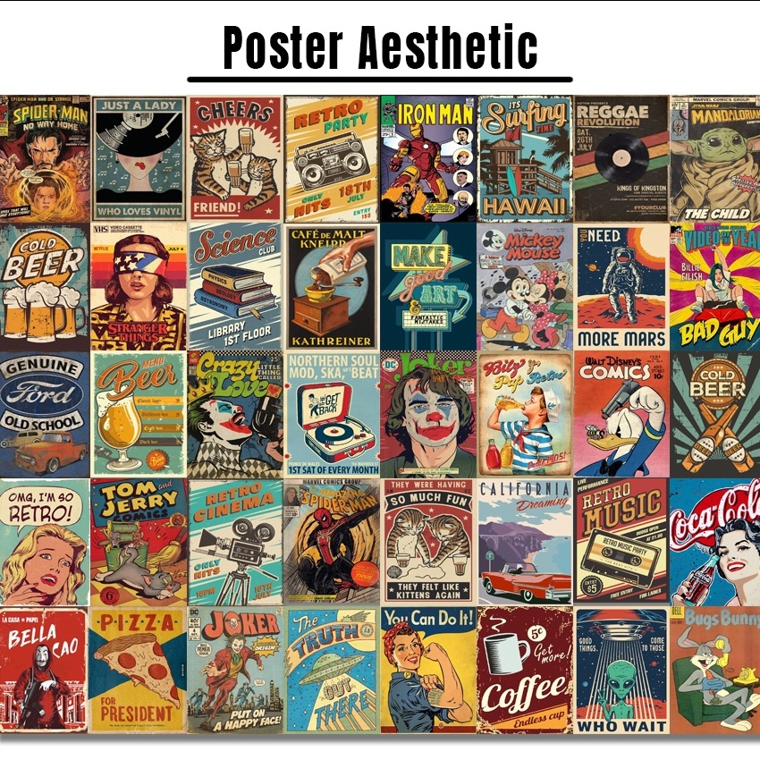 Poster Dinding Aesthetic | Poster Aesthetic | Isi 48 Poster | Collage Kit | Aesthetic Wallposter | Poster murah |  art wall |  poster band retro vintage black blue red purple brown avengers softblue | Viral poster-retro  isi 48 A6