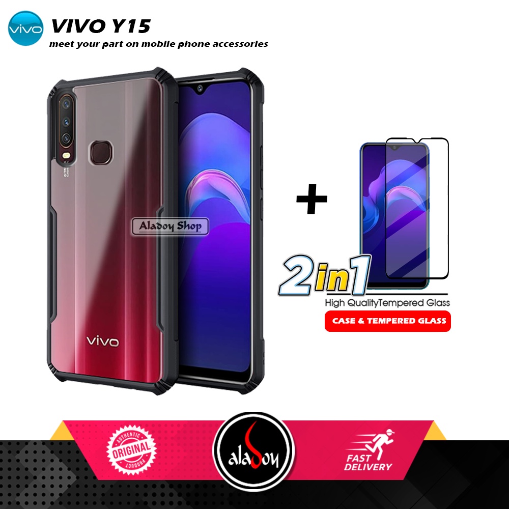 PAKET 2 IN 1 Case Vivo Y15 Armor Fusion Transparent Prmium Casing Free Tempered Glass