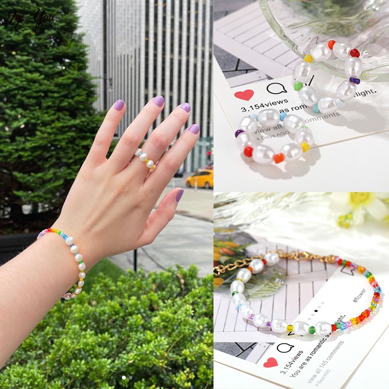 AY(CN) Korean Jewelry Pearl Beads Finger Ring Fashion Bracelet Stitching Rainbow Color Bead Chain Women Accessories Party Birthday Gift