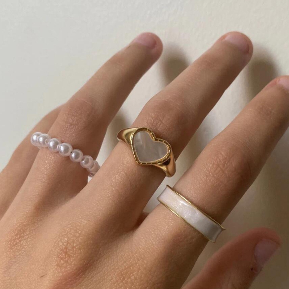 3pcs / Set Cincin Jari Elastis Adjustable Warna Emas Aksen Mutiara Bentuk Hati Untuk Wanita
