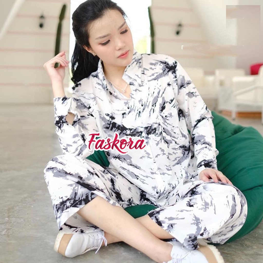 Pajamas One Set Tie dye - One Set Tiedye Wanita Panjang - Setelan Jumbo Rayon Wanita Kekinian Bercak