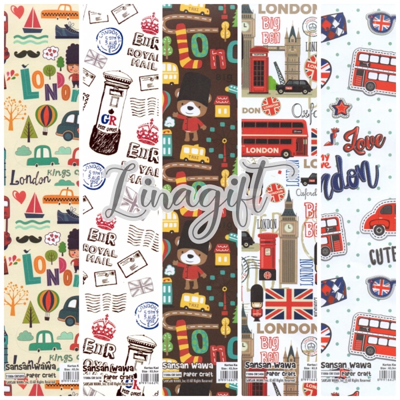 ( 5 Lembar ) LONDON SANWA - KERTAS KADO - GIFT WRAPPING PAPER SANSAN WAWA LONDON / PARIS WEDDING VINTAGE NIKAH CLASSIC ENGAGEMENT / BACKGROUND PHOTOGRAPHY